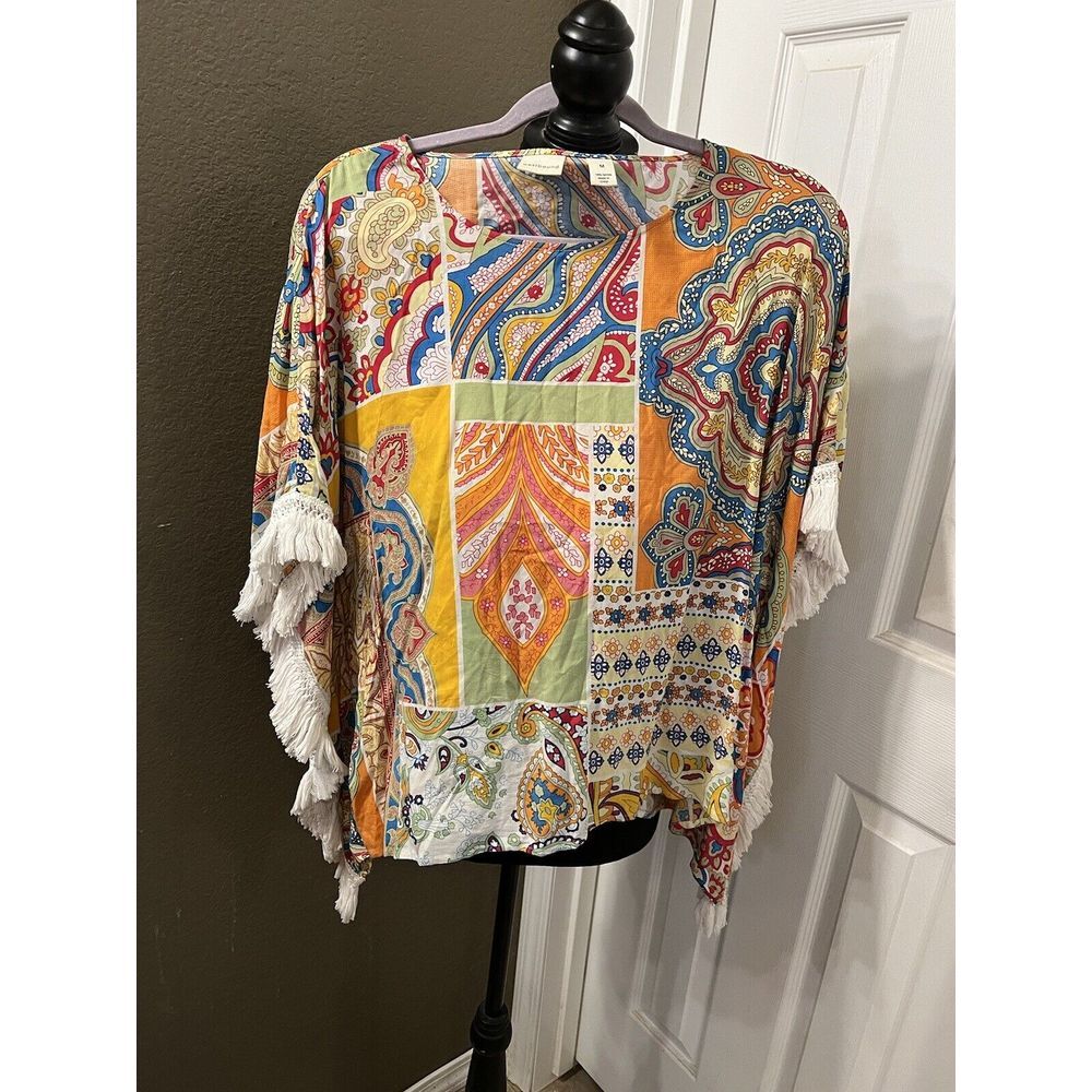 Westbound Bright Floral Patch‎ Poncho Fringe Tunic Top Womens Medium